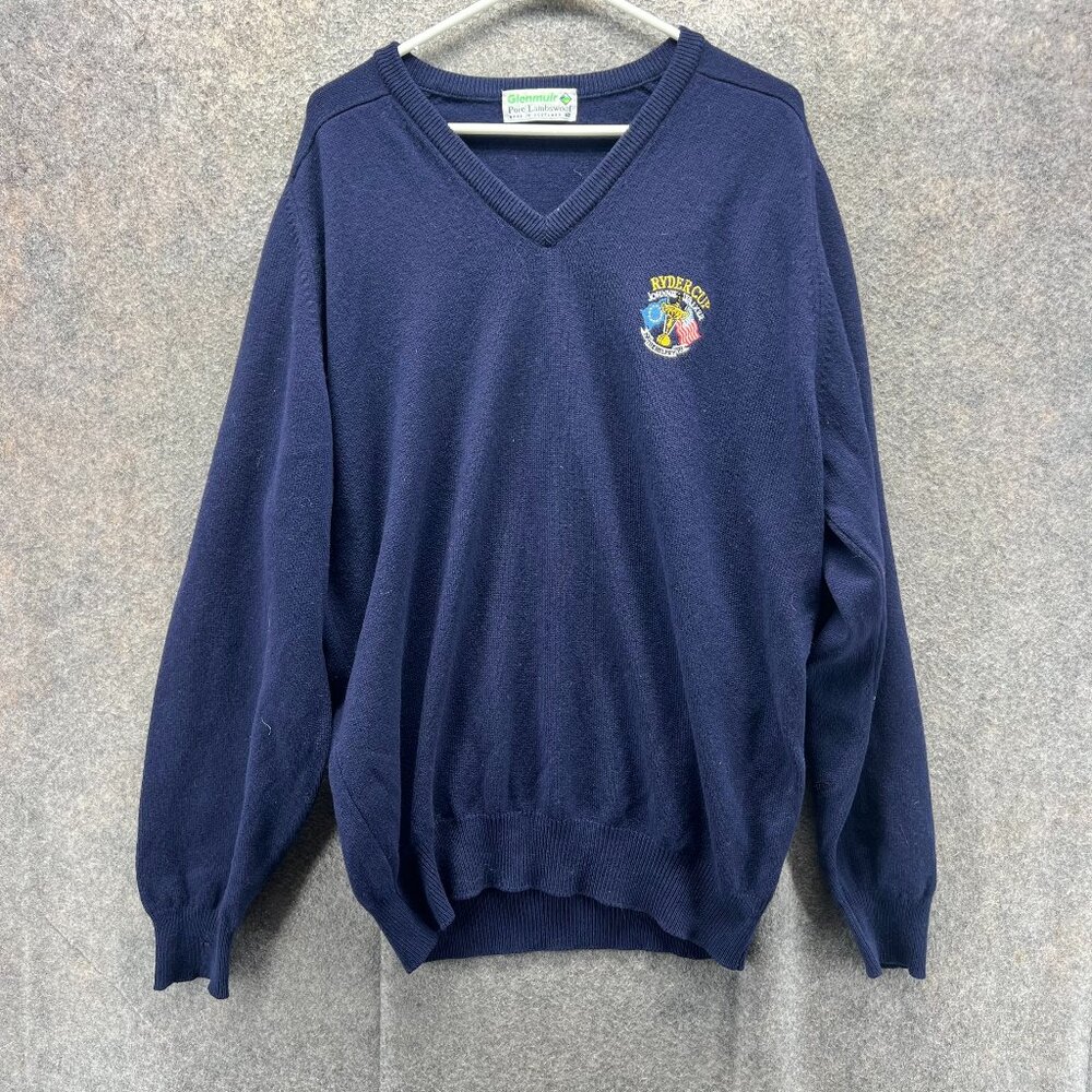 Glenmuir Pullover Mens 48 Blue Fleece V Neck Sweatshirt Ryder Cup Lambswool 80s